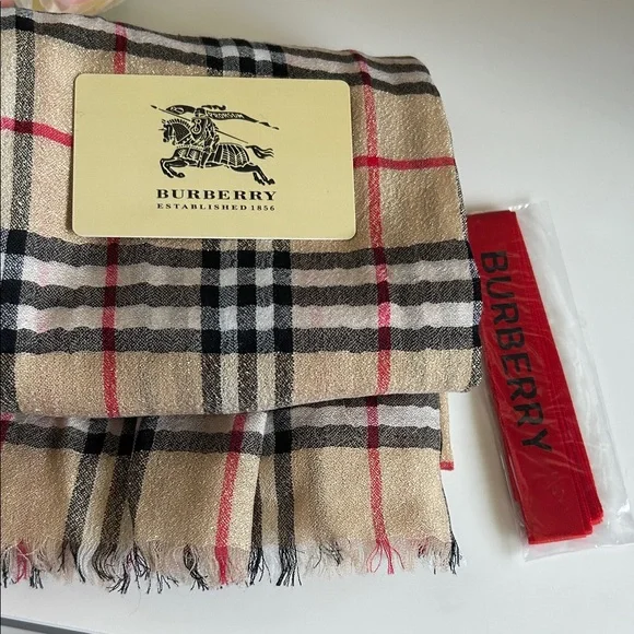 Burberry Classic Check Scarf in Beige and Red - Picture 3 of 7